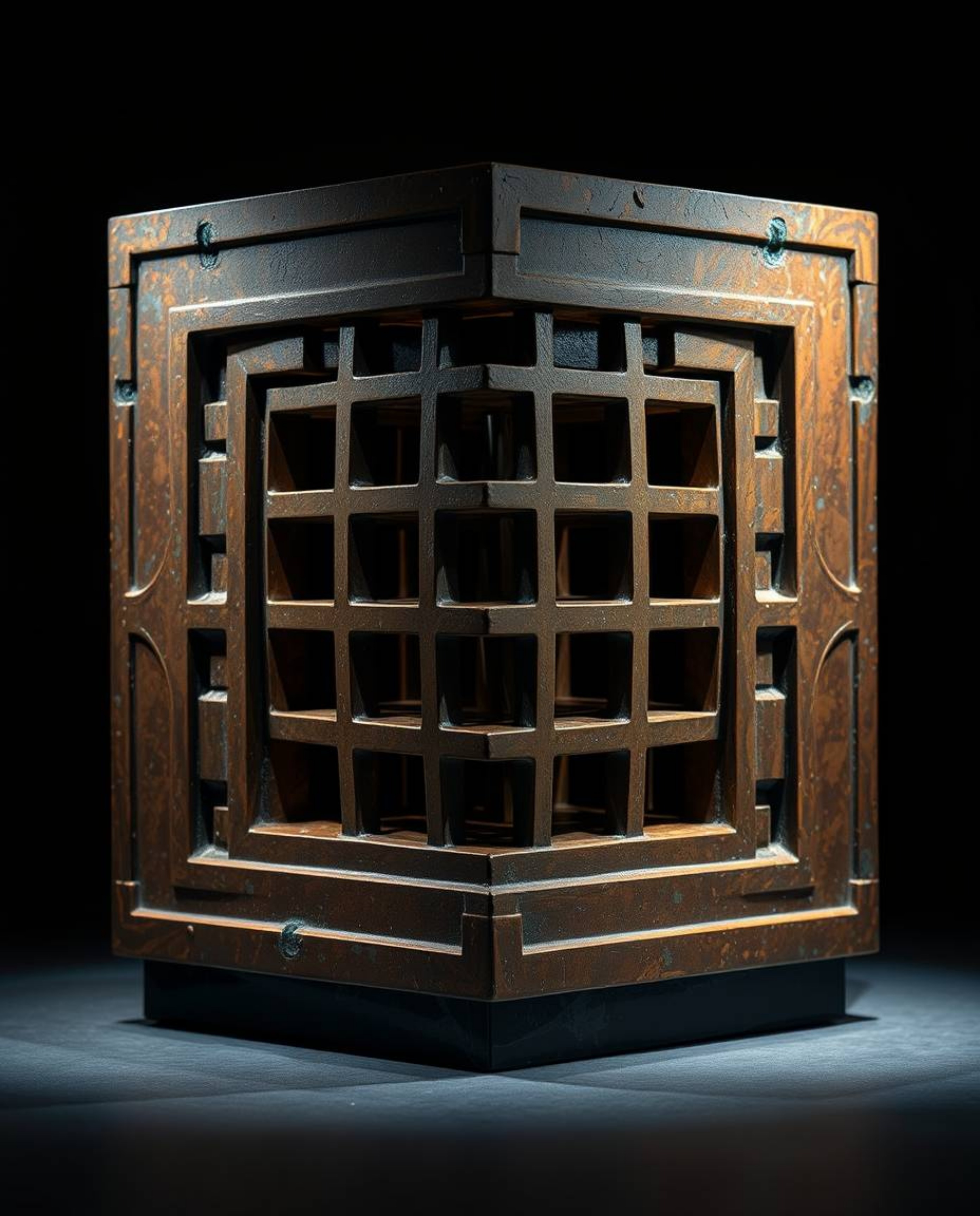 A captivating photograph showcases a cast bronze sculpture with a mesmerizing repetitive cube pattern, reminiscent of Escher'