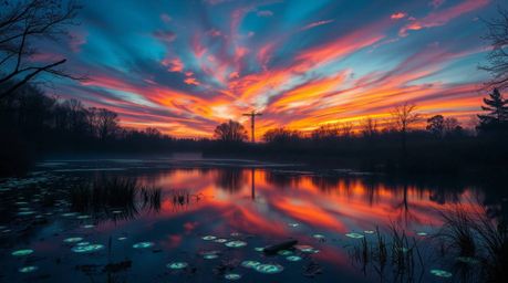 A bioluminescent artwork capturing the essence of a colorful sunset reflecting in a calm pond, rendered with warm autumn colo