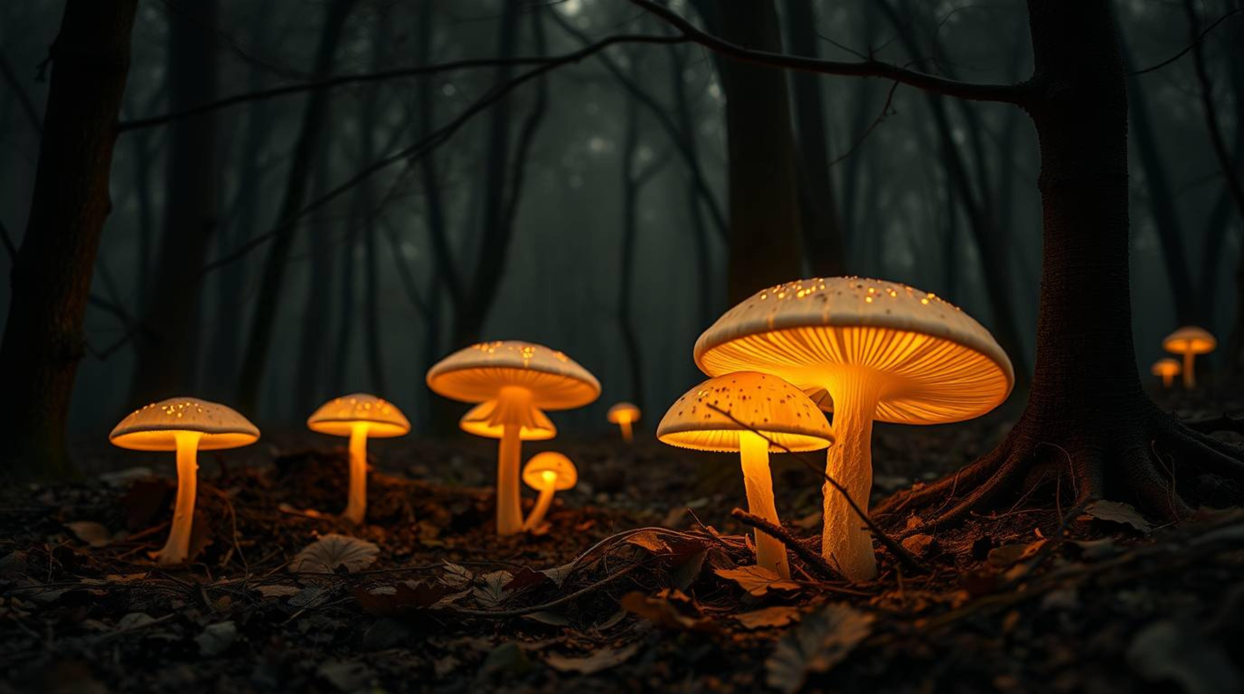 This high-resolution stock photo showcases a captivating vintage-style enchanted forest illuminated by glowing mushrooms, ren