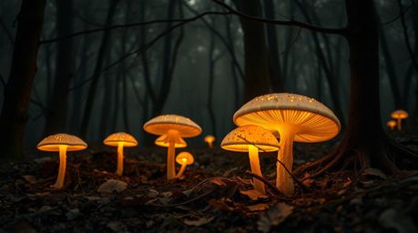 This high-resolution stock photo showcases a captivating vintage-style enchanted forest illuminated by glowing mushrooms, ren