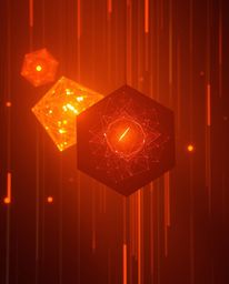 High-resolution stock photo featuring strong moody style and warm golden hour light. Glitched geometric shapes float in a cyb