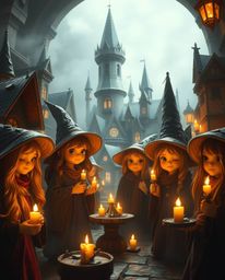 Explore a magical school brimming with young wizards, showcasing adorable and charming features bathed in the warm glow of ca