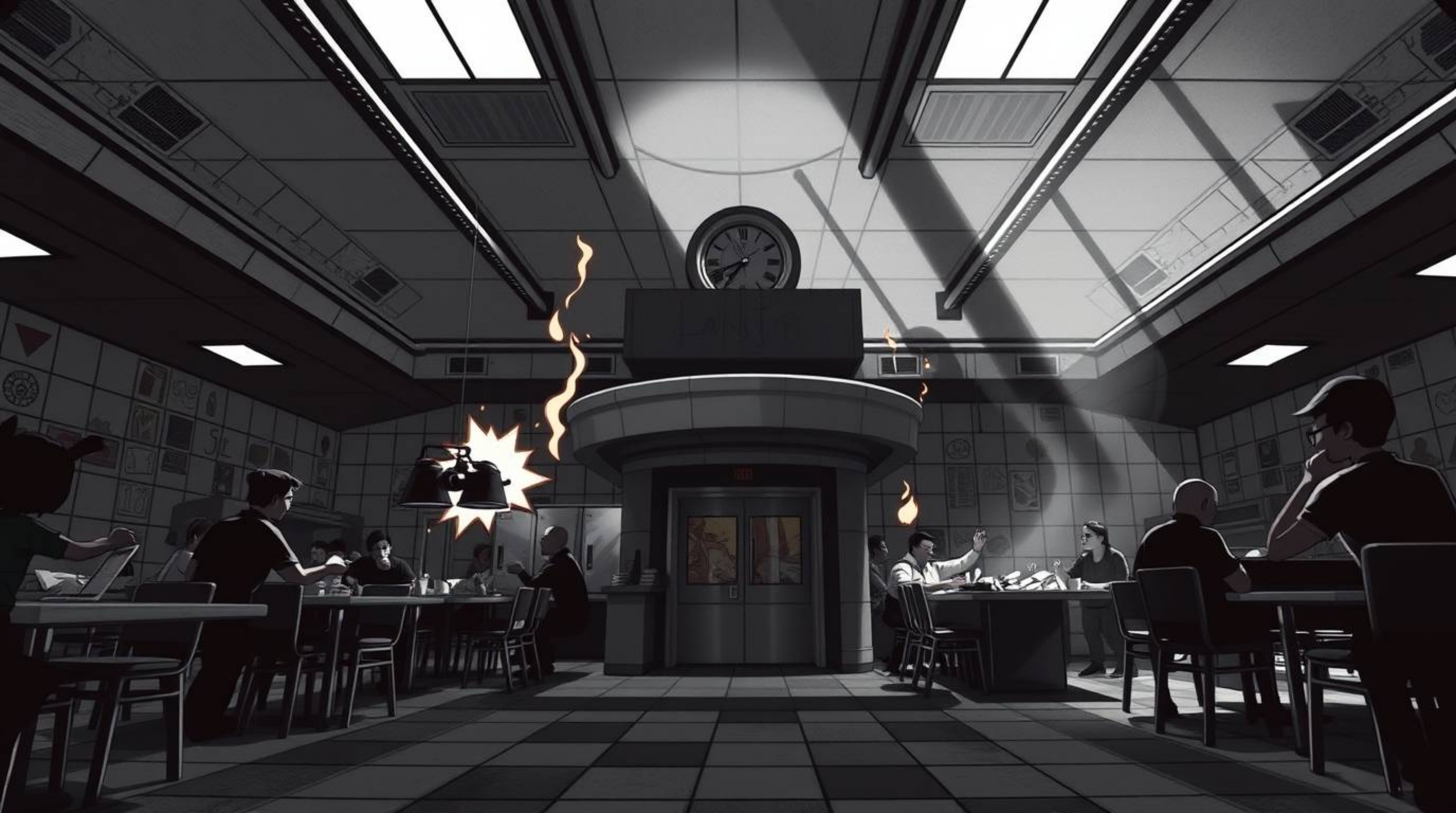 Experience the unexpected with high-contrast, low-key architectural photography capturing a cartoon cafeteria food fight. Dee