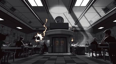 Experience the unexpected with high-contrast, low-key architectural photography capturing a cartoon cafeteria food fight. Dee
