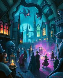 Discover captivating surreal imagery of a magical school brimming with young wizards. Cool blues, greens, and purples create 