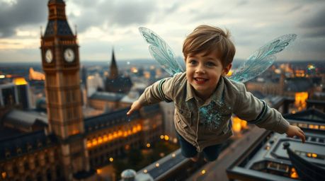 A whimsical scene of a young boy soaring above London, propelled by glowing pixie dust.  The dust emits bioluminescent colors