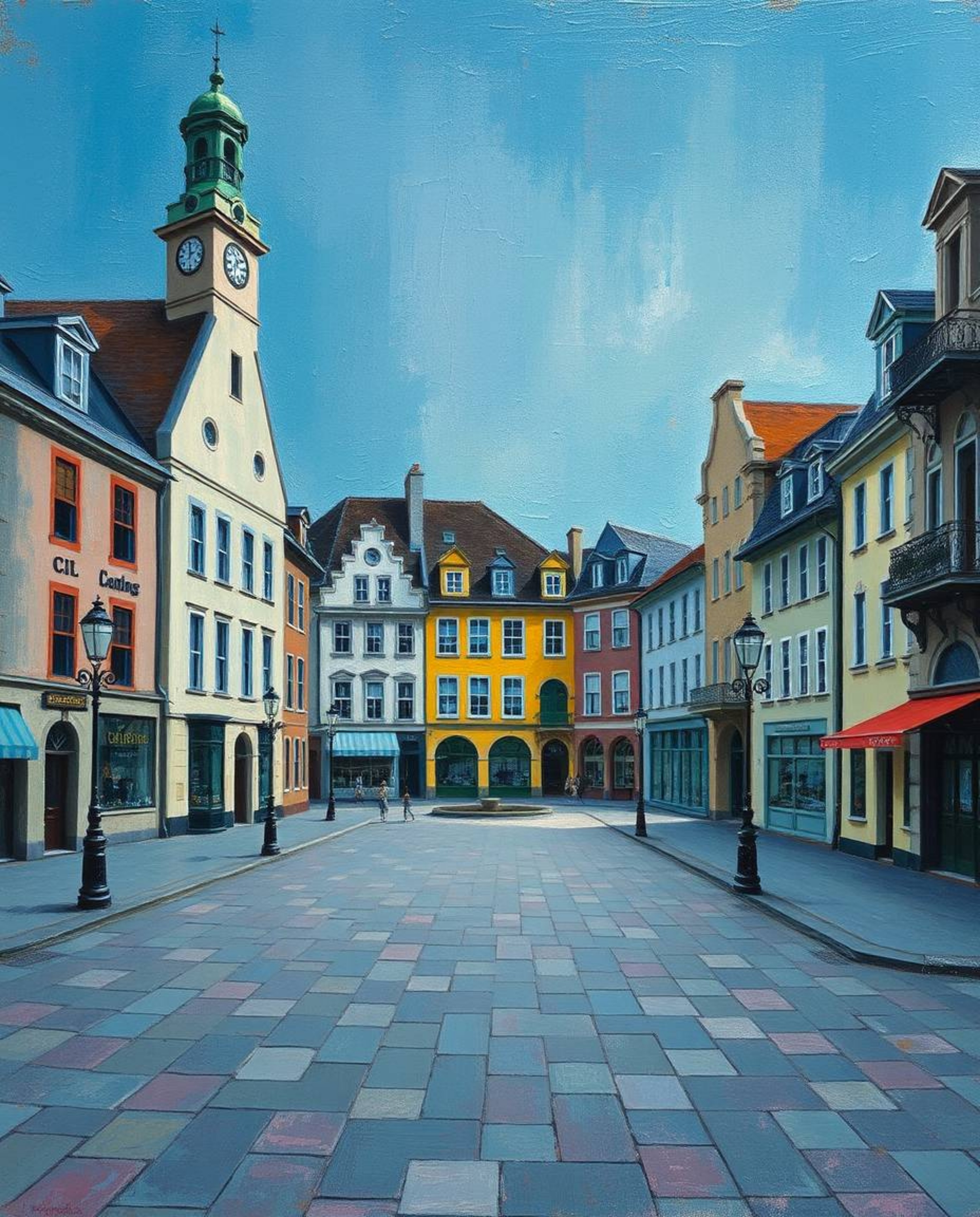 This classic oil painting depicts an eerily quiet town square, characterized by its rich textures and visible brushstrokes. T