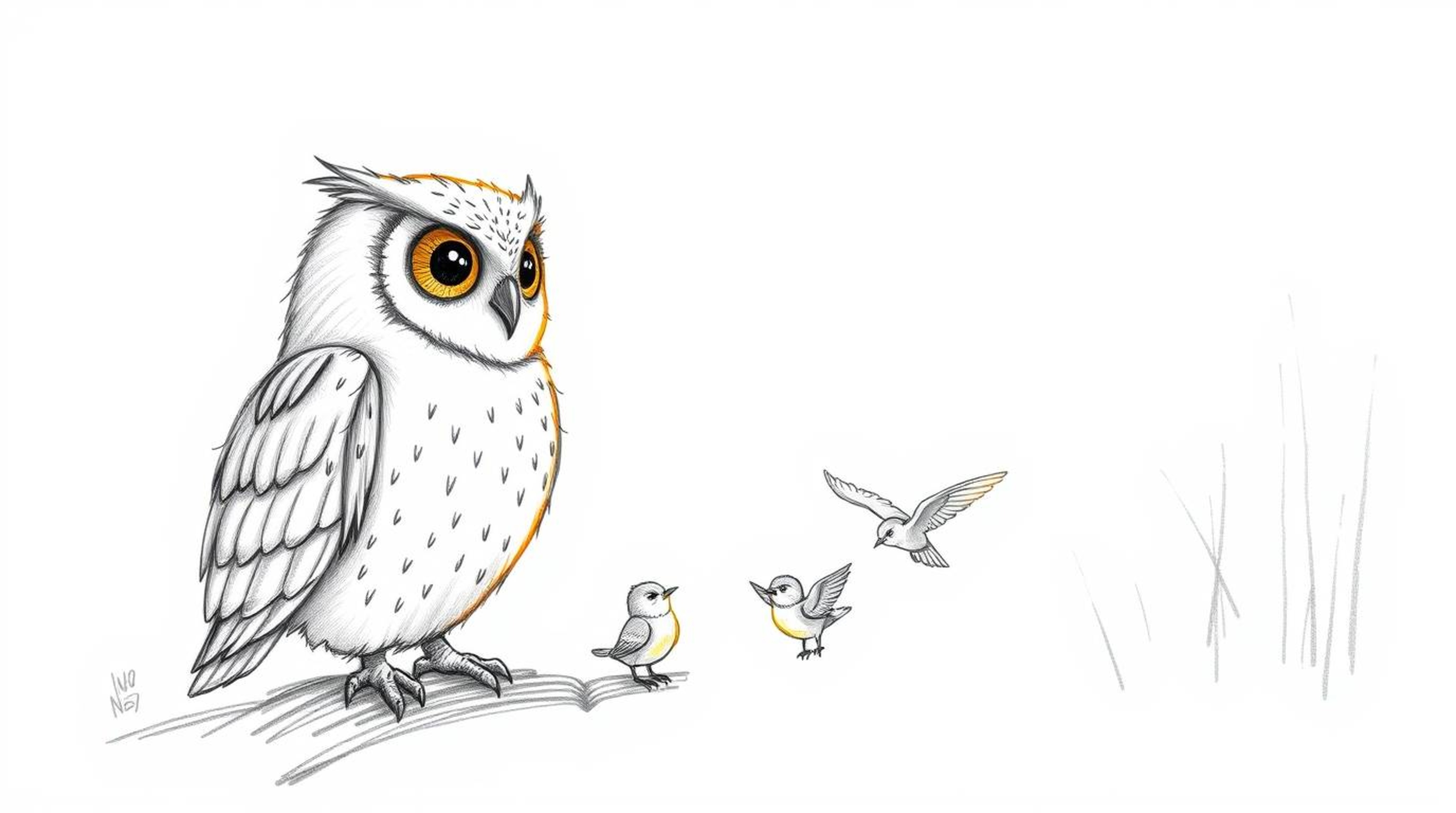A heartwarming hand-drawn sketch in the style of Pixar depicts a blind owl with soft plumage, exhibiting a calm expression, p