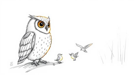 A heartwarming hand-drawn sketch in the style of Pixar depicts a blind owl with soft plumage, exhibiting a calm expression, p