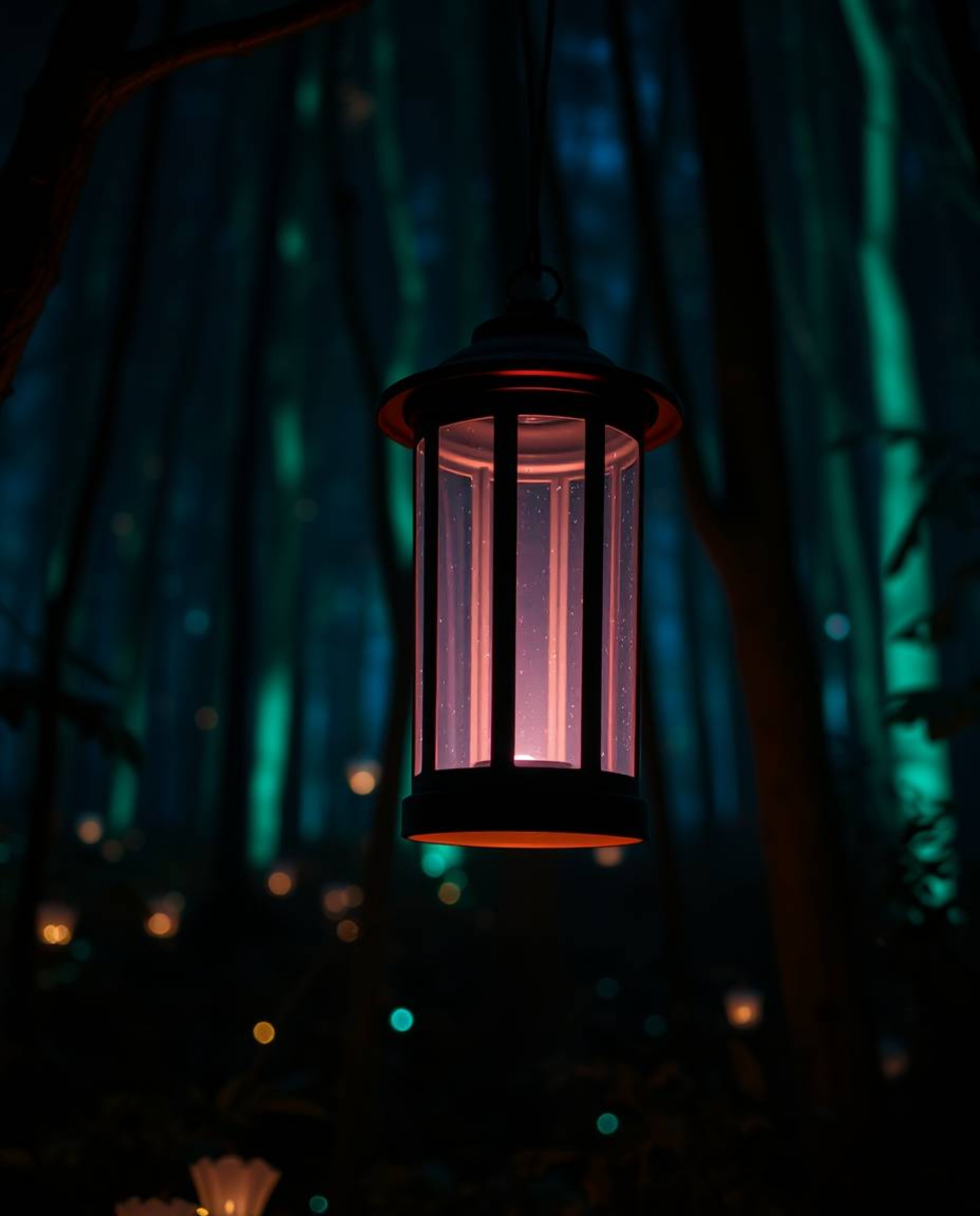 Discover the enchanting beauty of a glowing lantern in a dark forest.  Its bioluminescent light casts soft pastel hues, creat