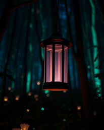 Discover the enchanting beauty of a glowing lantern in a dark forest.  Its bioluminescent light casts soft pastel hues, creat