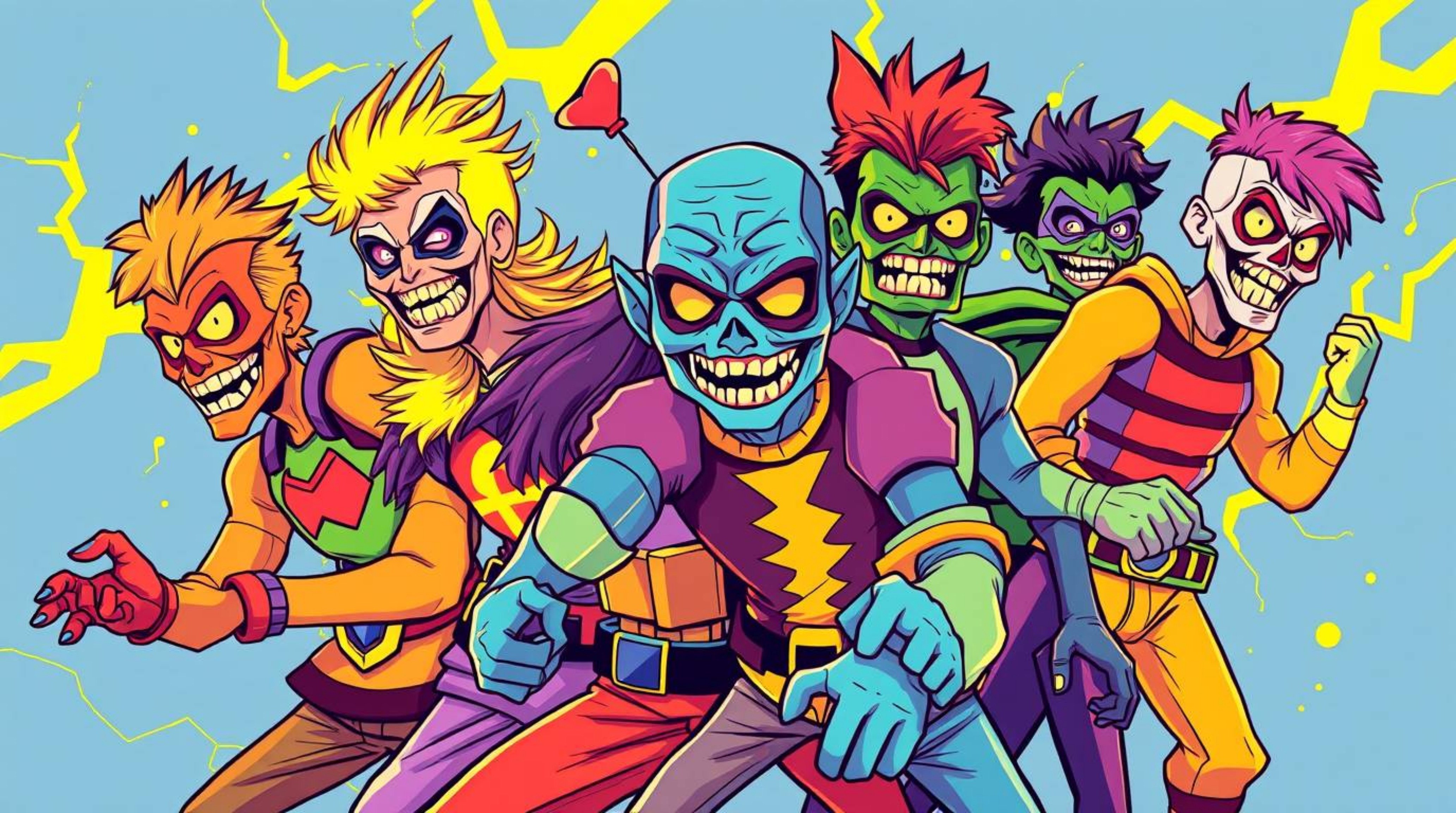 A captivating illustration showcases a team of misfit heroes, bursting with electric, vivid colors.  The image is dynamically