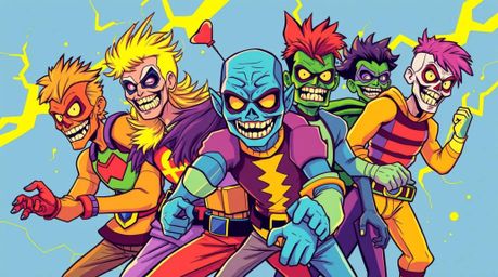 A captivating illustration showcases a team of misfit heroes, bursting with electric, vivid colors.  The image is dynamically