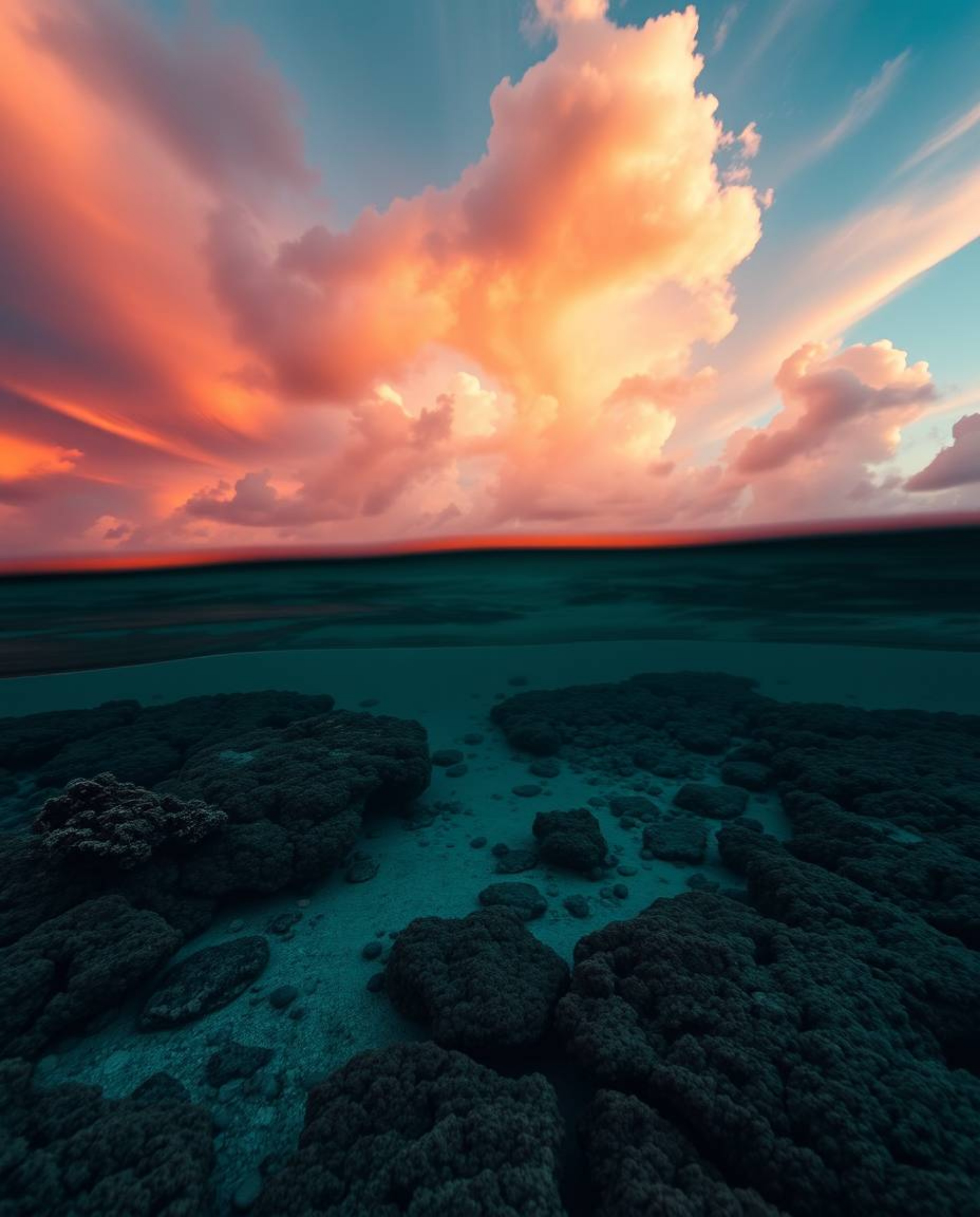 A dramatic cinematic image captures a colorful sky over a coral reef at low tide. This piece is defined by its unique color p