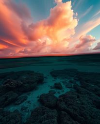 A dramatic cinematic image captures a colorful sky over a coral reef at low tide. This piece is defined by its unique color p
