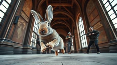 A wacky rabbit with twitching nose and oversized feet is captured in a low angle, precise architectural color photograph, out