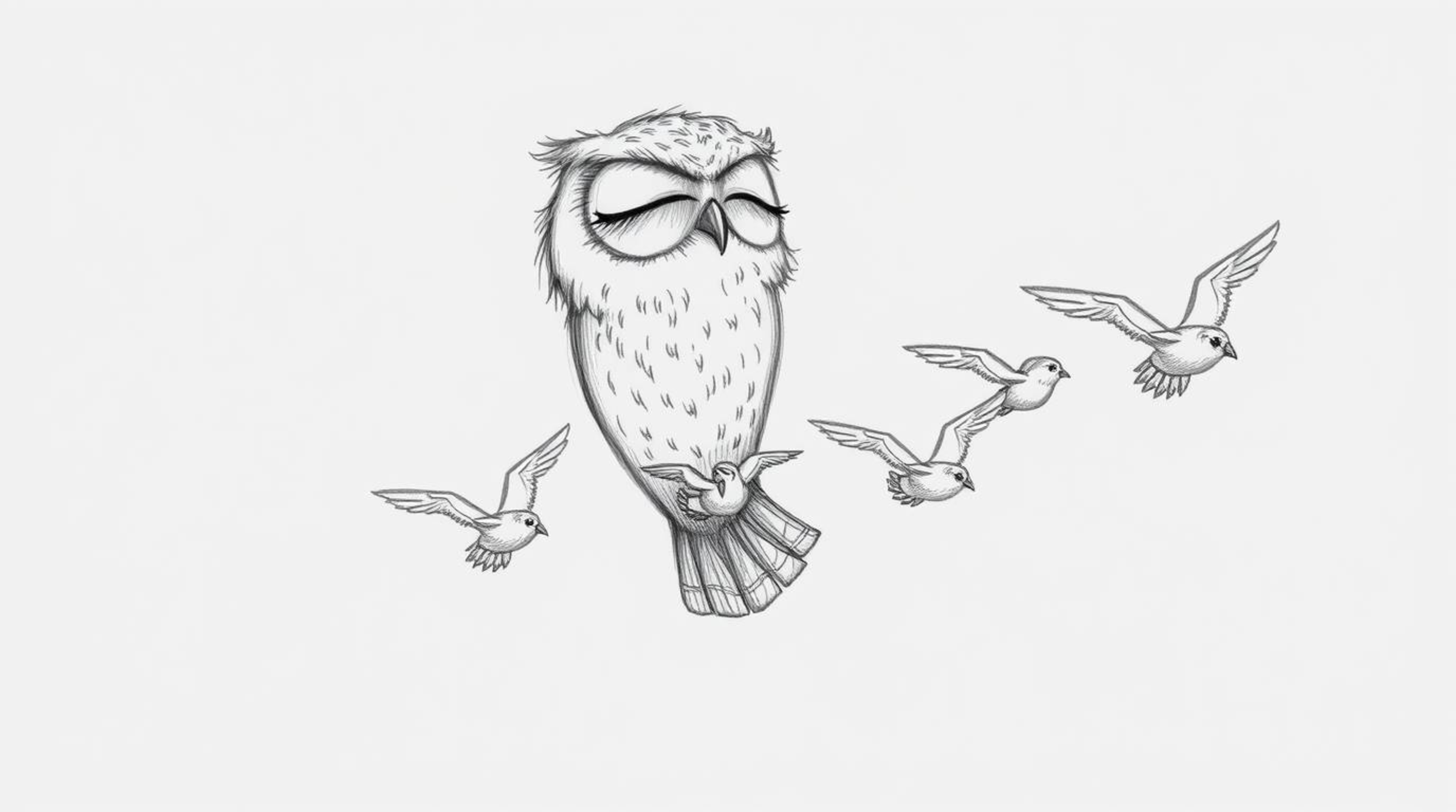A heartwarming hand-drawn pencil sketch in Pixar style depicts a blind owl with soft, feathery texture and expressively close