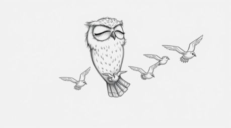 A heartwarming hand-drawn pencil sketch in Pixar style depicts a blind owl with soft, feathery texture and expressively close
