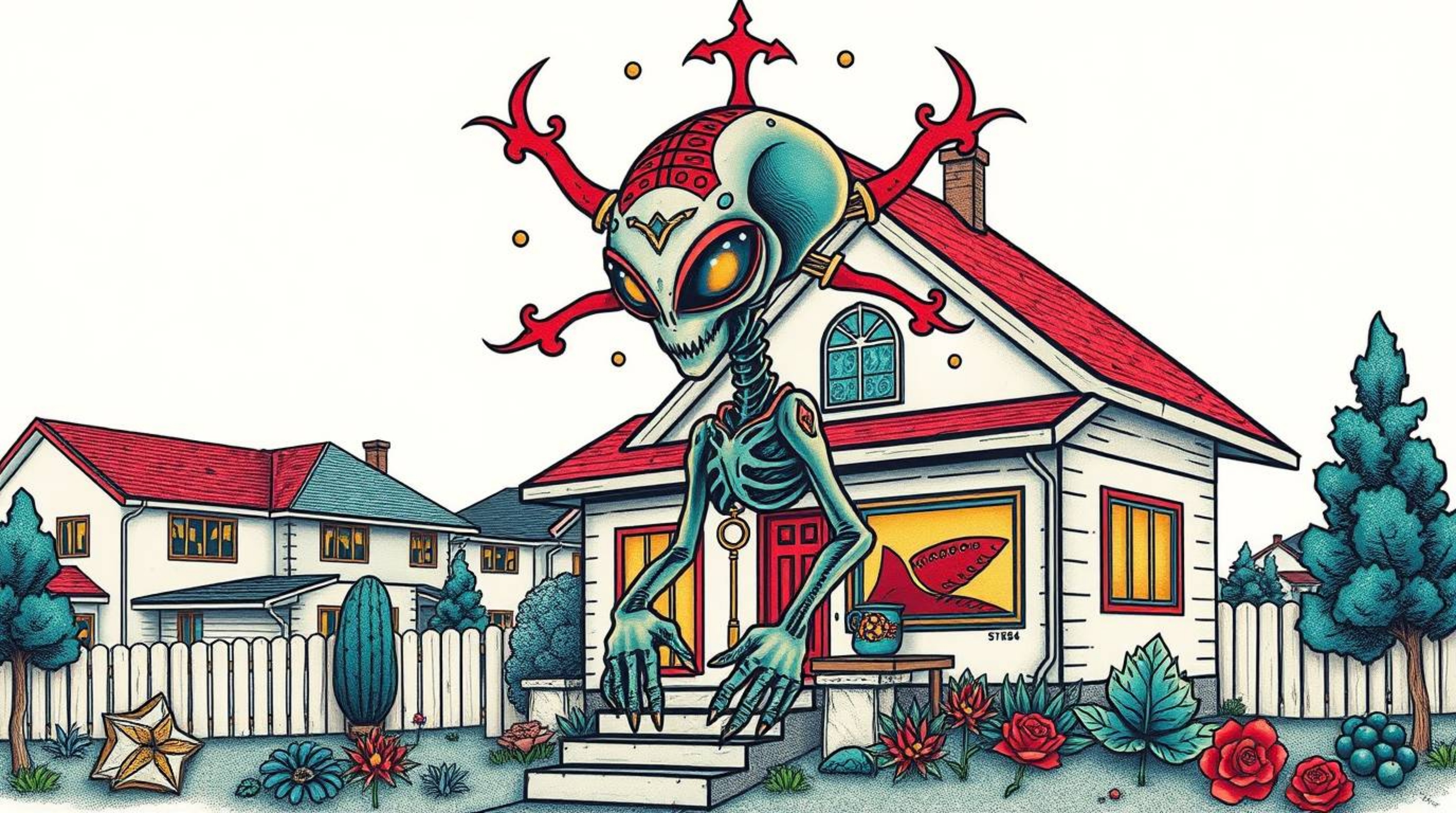 A vibrant, retro-style tattoo design featuring an alien in a suburban house.  This unique art print boasts complex ornamentat