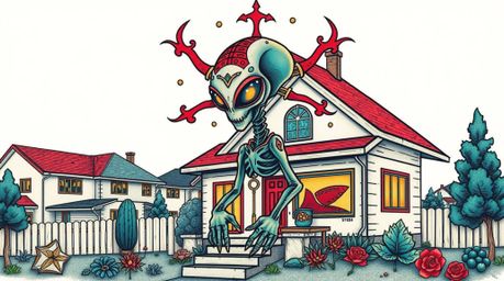 A vibrant, retro-style tattoo design featuring an alien in a suburban house.  This unique art print boasts complex ornamentat