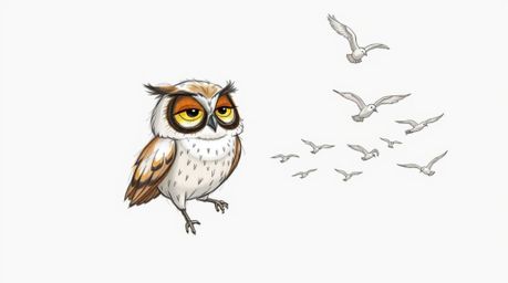 A charming hand-drawn sketch in the style of Pixar depicts a blind owl with soft, textured feathers guiding a classroom of bi
