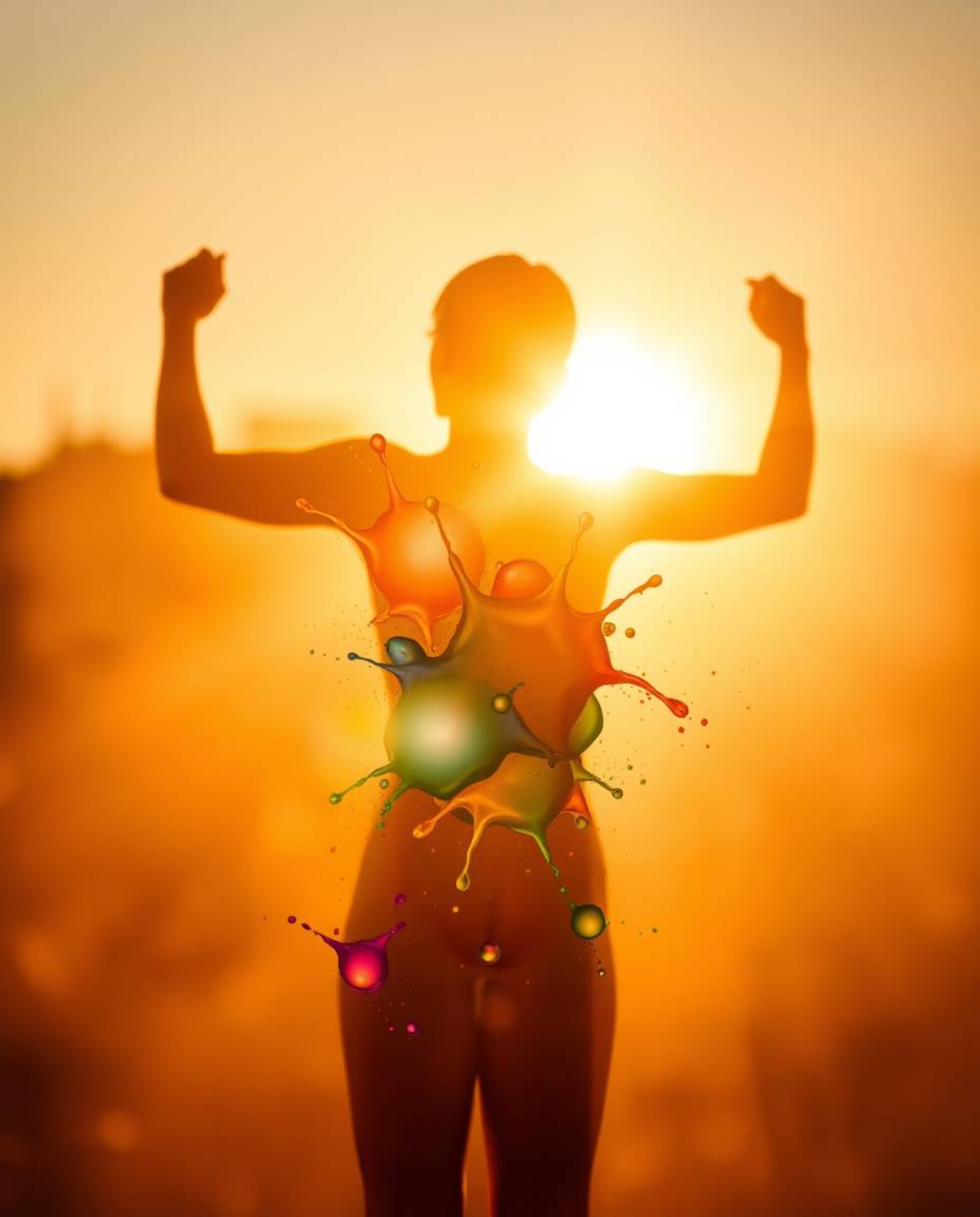A fine art photograph capturing a modern art style human silhouette formed by vibrant and colorful splash patterns under a wa