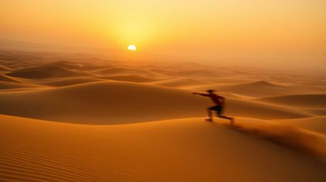 Experience the mesmerizing beauty of a cinematic sunset painting the golden desert dunes in hues of amber and gold. Dynamic m