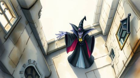A captivating watercolor painting depicts a classic Disney villain casting a spell within the walls of an ancient castle. Vi