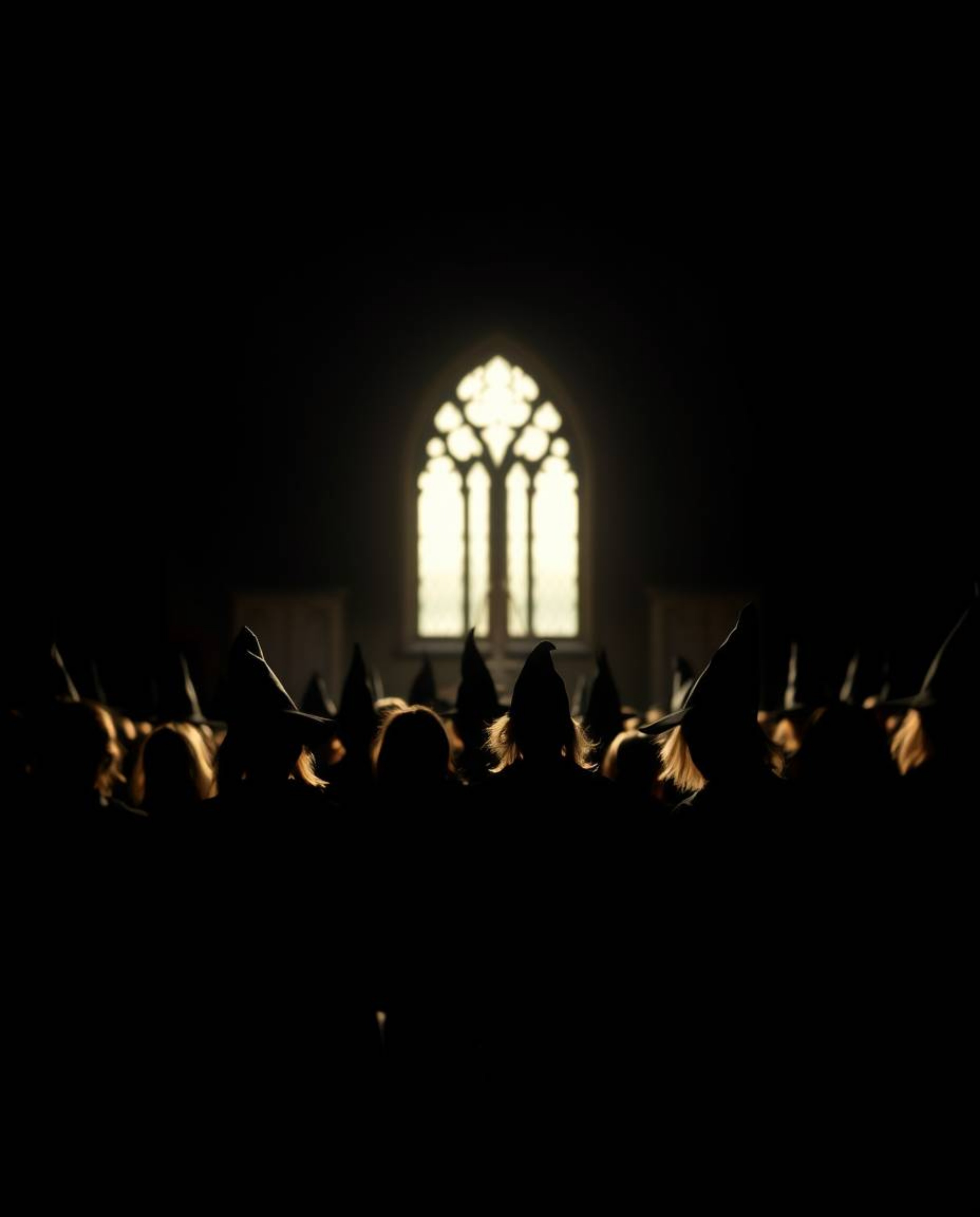 A captivating image of a magical school teeming with young wizards, silhouetted against a stark black background. Intense bac