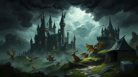 A strong and moody painting depicts a fantasy kingdom teeming with quirky magical creatures, all under intense and dramatic w