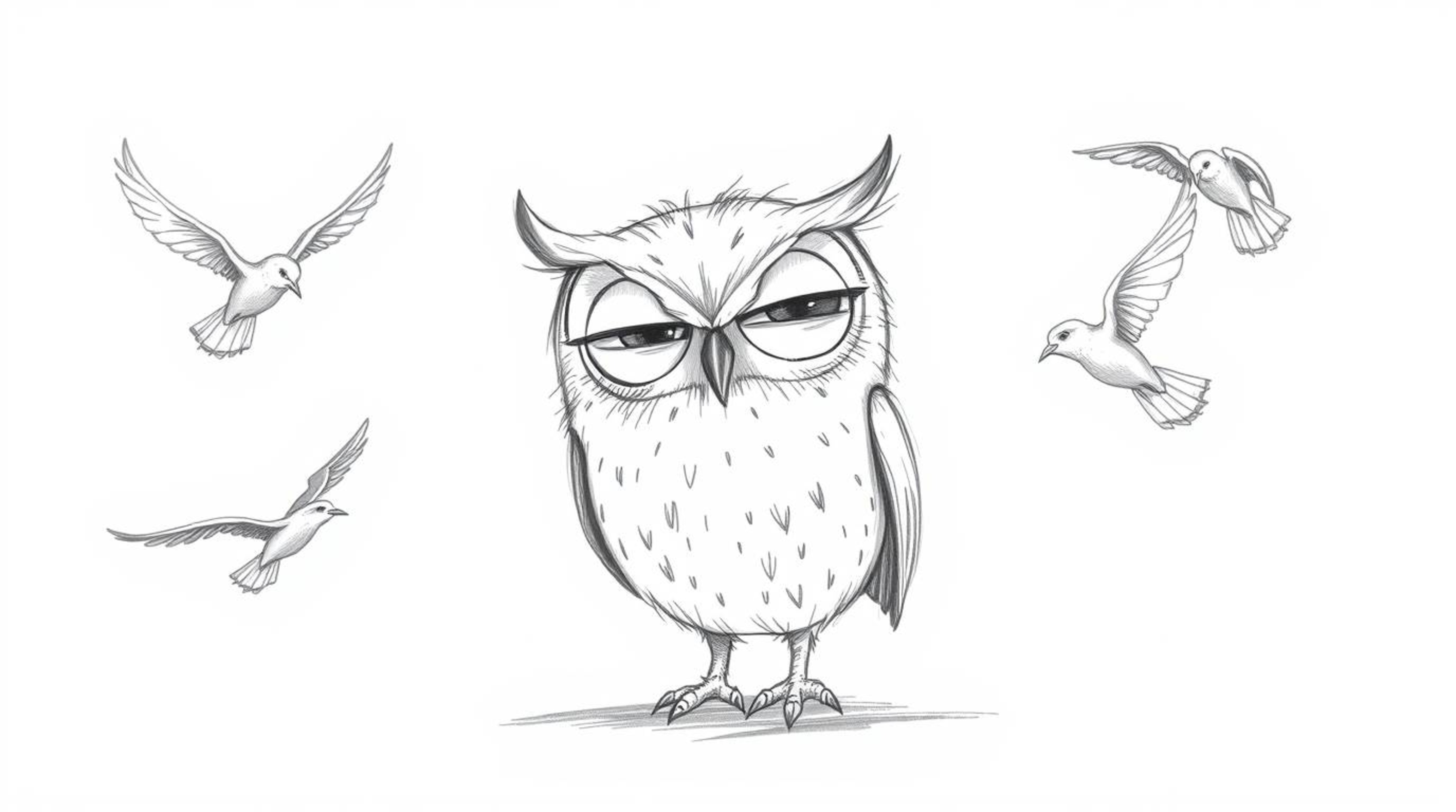 A heartwarming hand-drawn sketch, in the style of Pixar, depicts a blind owl with expressive, slightly downturned eyes, embod