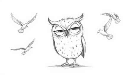 A heartwarming hand-drawn sketch, in the style of Pixar, depicts a blind owl with expressive, slightly downturned eyes, embod