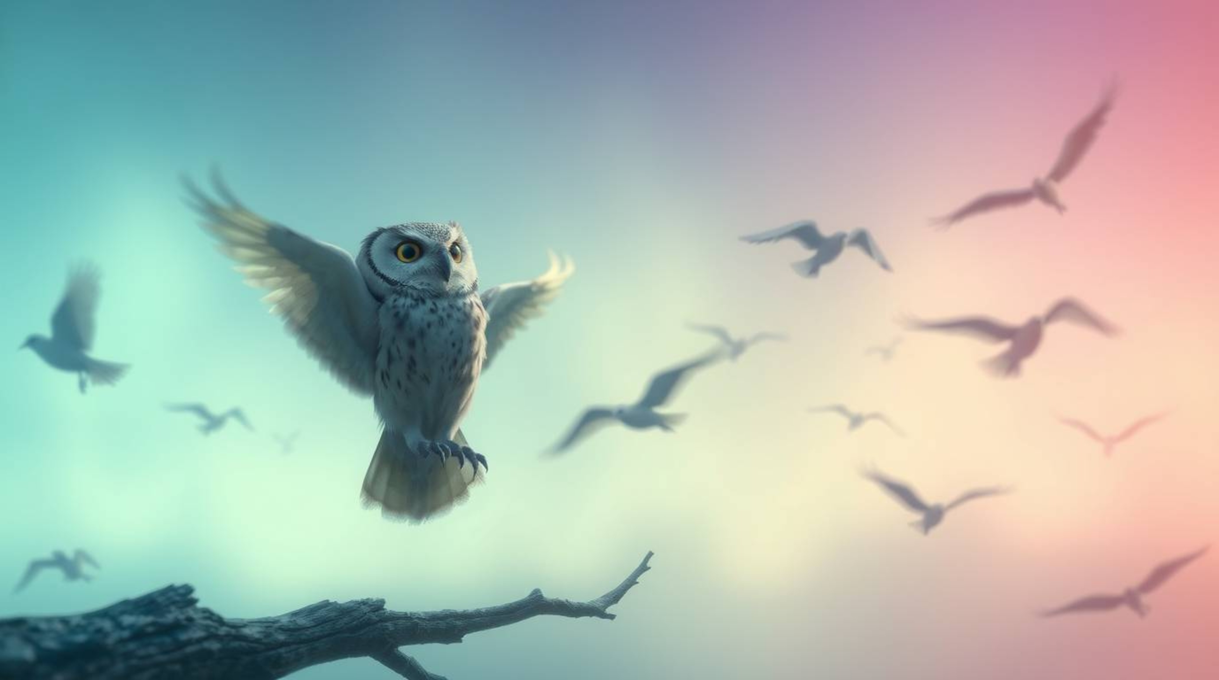 A long exposure photograph, exuding an ethereal vibe and enveloped in a soft cinematic haze, captures a wise, blind owl in a 