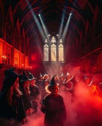 Experience a captivating scene of a magical school brimming with young wizards, bathed in the enchanting glow of volumetric l