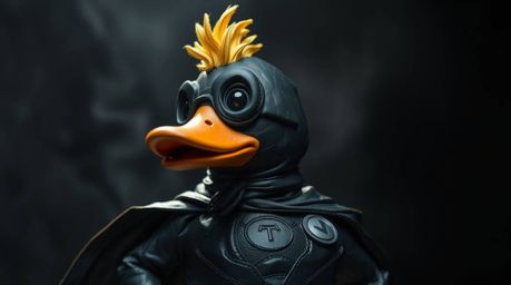 A meticulously crafted papier-mâché duck sculpture embodies the spirit of a superhero, clad in a wonderfully zany costume. Th