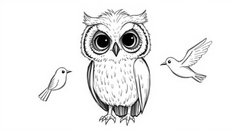 A heartwarming concept depicting a wise, blind owl teaching birds to fly using their sense of smell and sound, rendered in a 