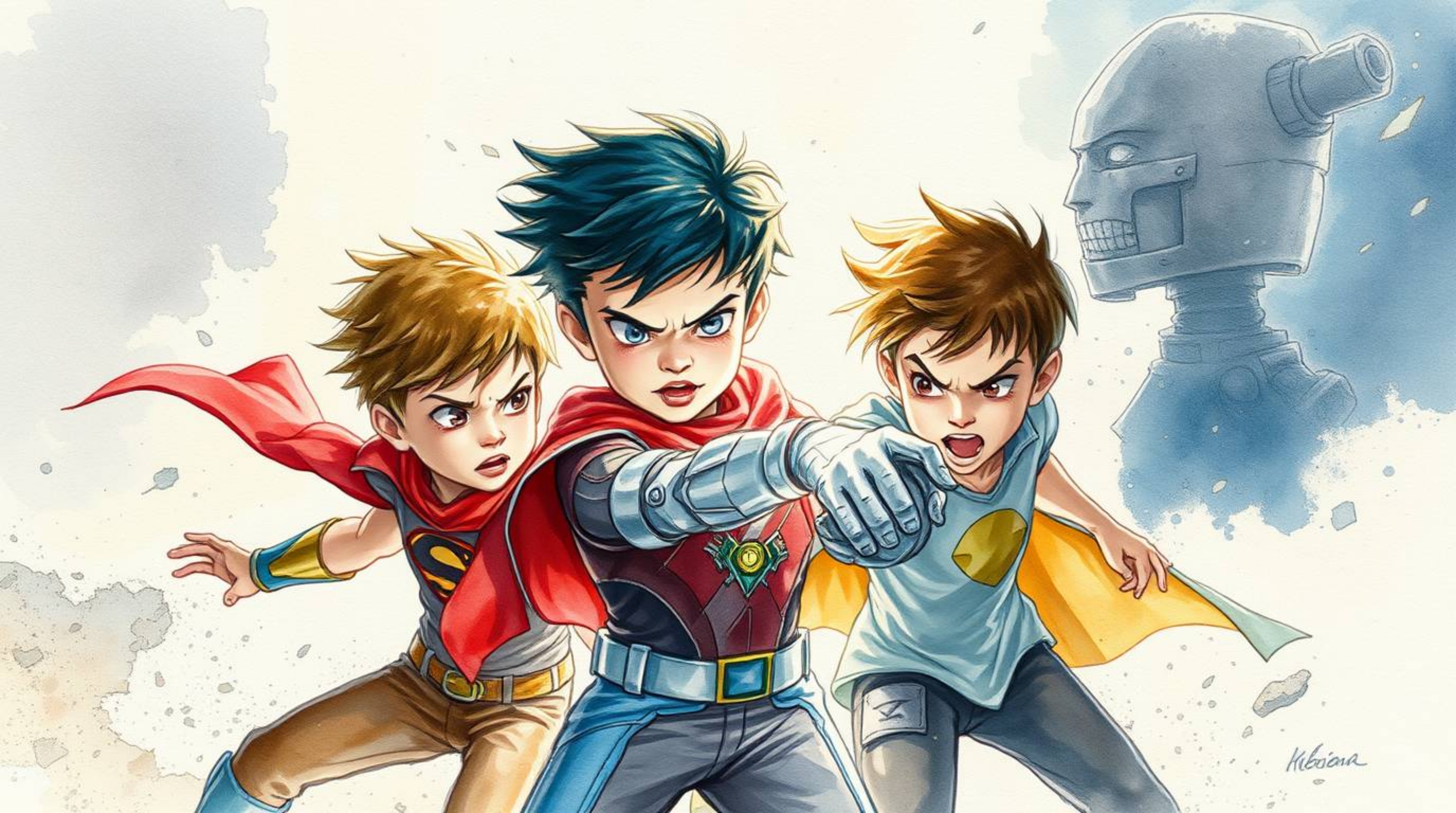 A captivating watercolor painting depicts three superpowered children with expressive features engaged in an intense battle a