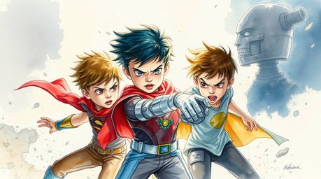 A captivating watercolor painting depicts three superpowered children with expressive features engaged in an intense battle a