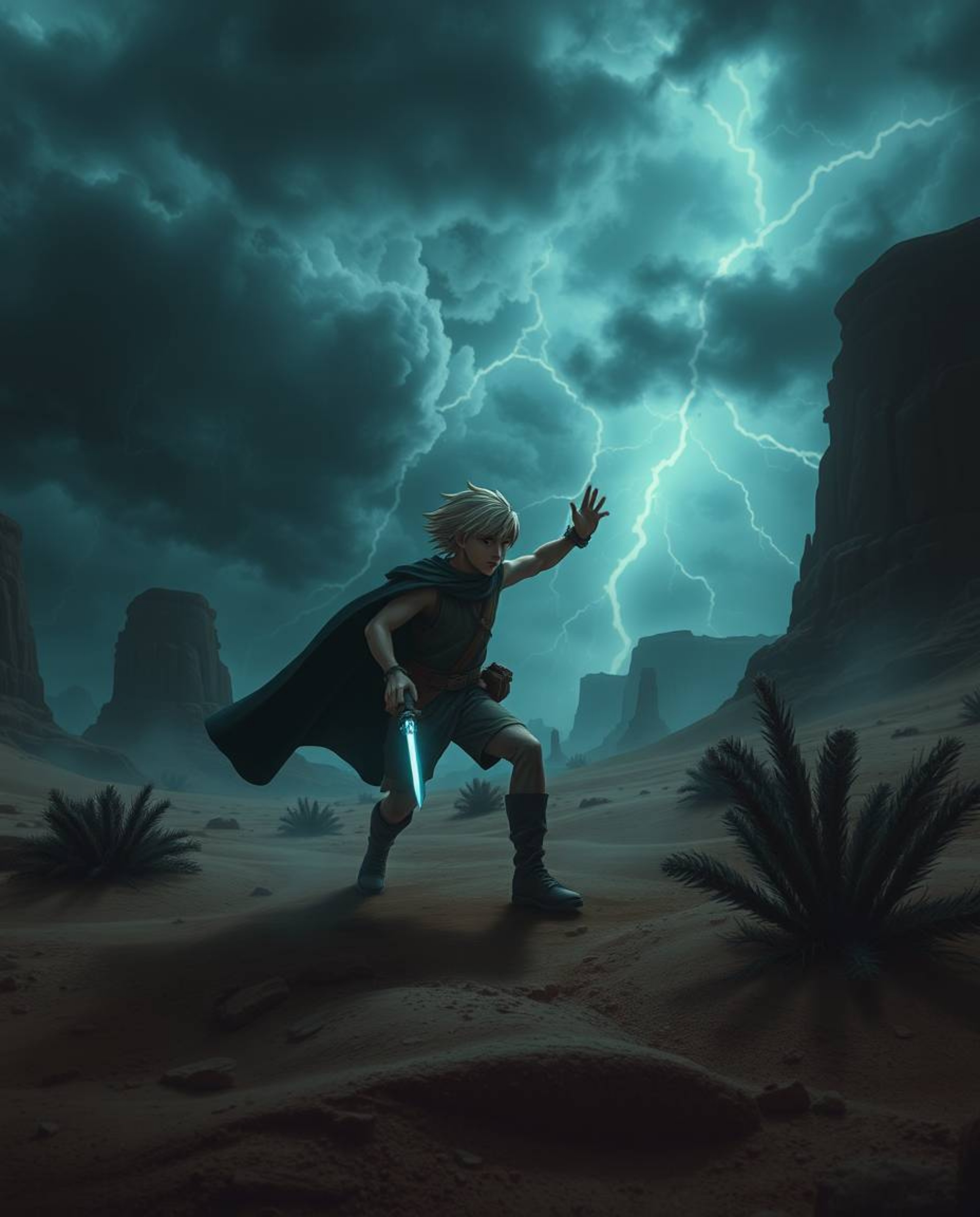 Embark on a Disney-style desert adventure with a brave hero facing dark tones, stormy skies, and unsettling details. This jou