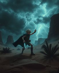 Embark on a Disney-style desert adventure with a brave hero facing dark tones, stormy skies, and unsettling details. This jou
