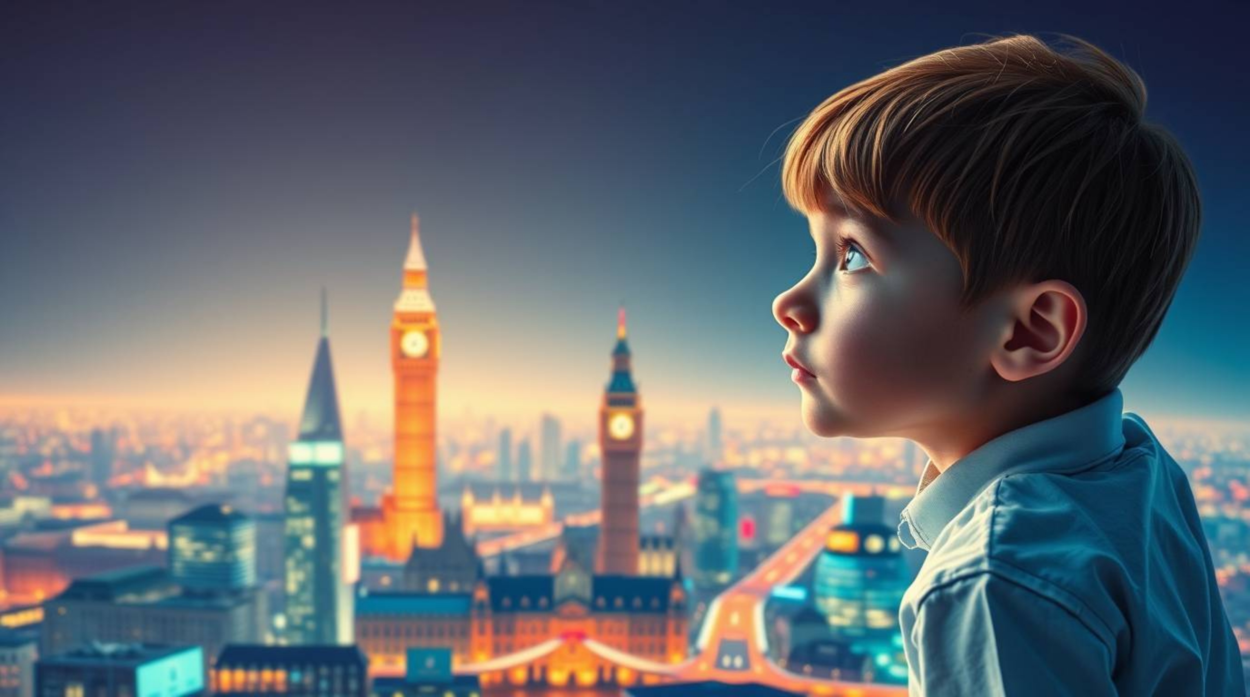 A whimsical scene unfolds, depicting a young boy crafted from intricately folded paper soaring above the iconic London citysc
