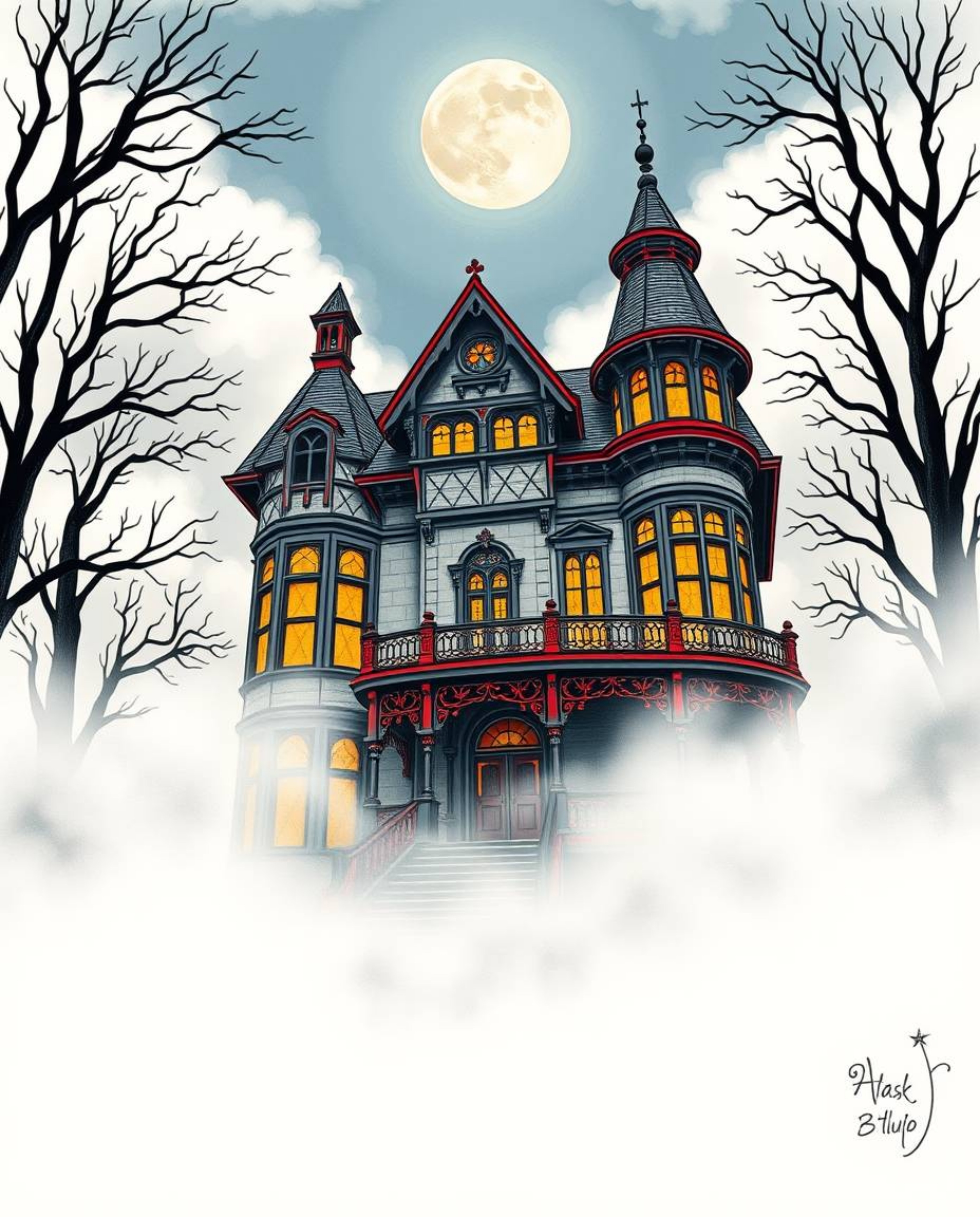 This vibrant art print showcases a symbolic traditional tattoo design featuring a fog-covered Victorian mansion under moonlig