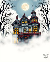 This vibrant art print showcases a symbolic traditional tattoo design featuring a fog-covered Victorian mansion under moonlig