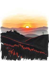 Hand-drawn sketch: Tuscan sunset over misty rolling hills, high-contrast low-key lighting, deep shadows, dramatic effect, col