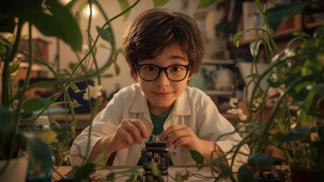 A high-resolution stock photo captures a bright-eyed, bespectacled homeschooled genius with a gentle smile, designed in a Pix