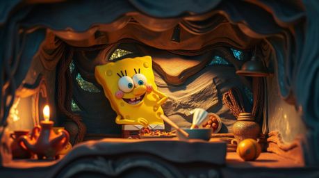 A whimsical underwater kitchen scene features a sponge character preparing a meal. Crafted from layered papier-mâché, the kit