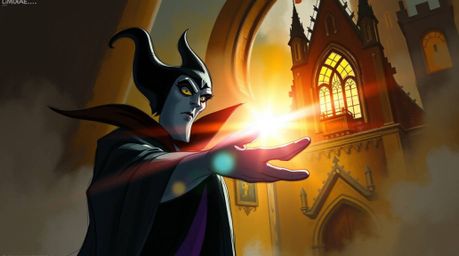 A classic Disney villain with sharp features and dark skin is casting a powerful spell within the depths of an old castle. Th