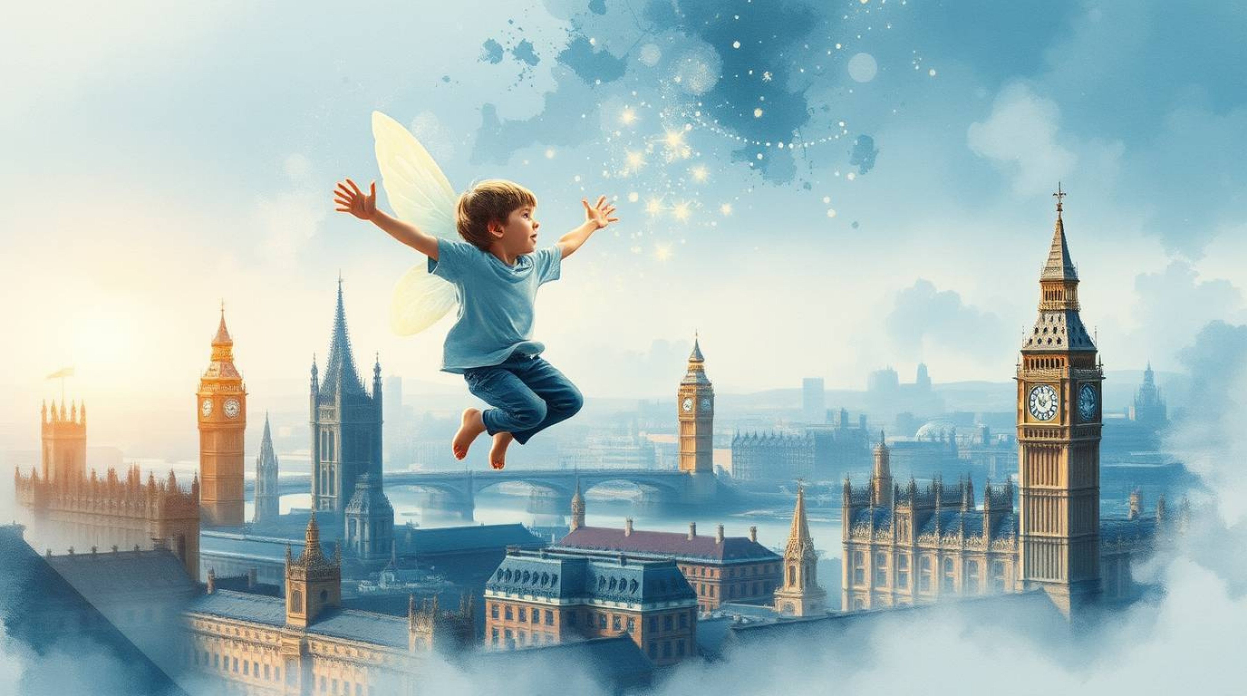 A captivating watercolor painting depicts a young boy soaring above the London skyline, sprinkled with magical pixie dust. Th