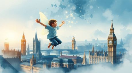 A captivating watercolor painting depicts a young boy soaring above the London skyline, sprinkled with magical pixie dust. Th