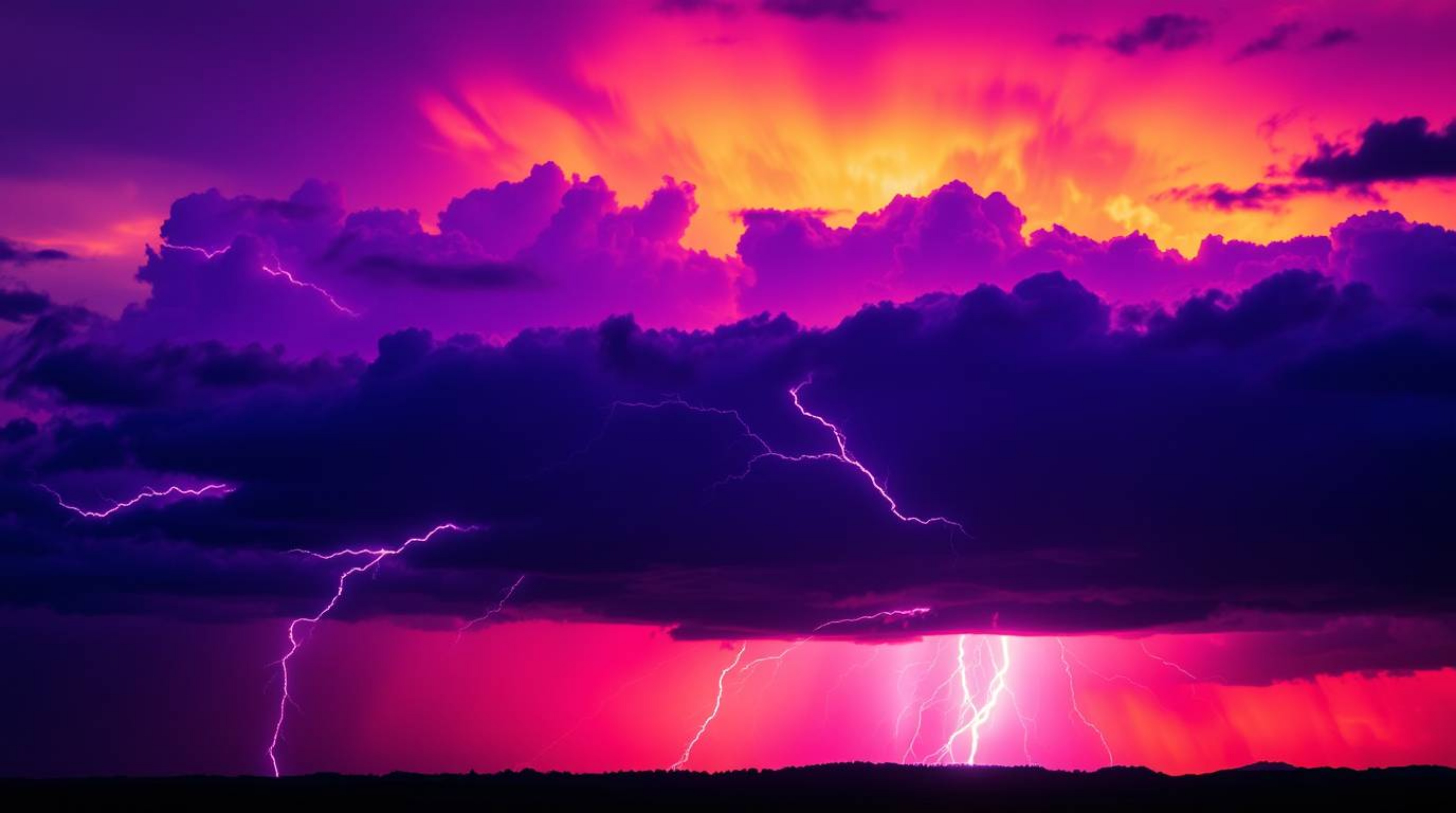 A captivating creative light art piece depicts a dramatic thunderstorm illuminated by the vibrant hues of a setting sun.  The
